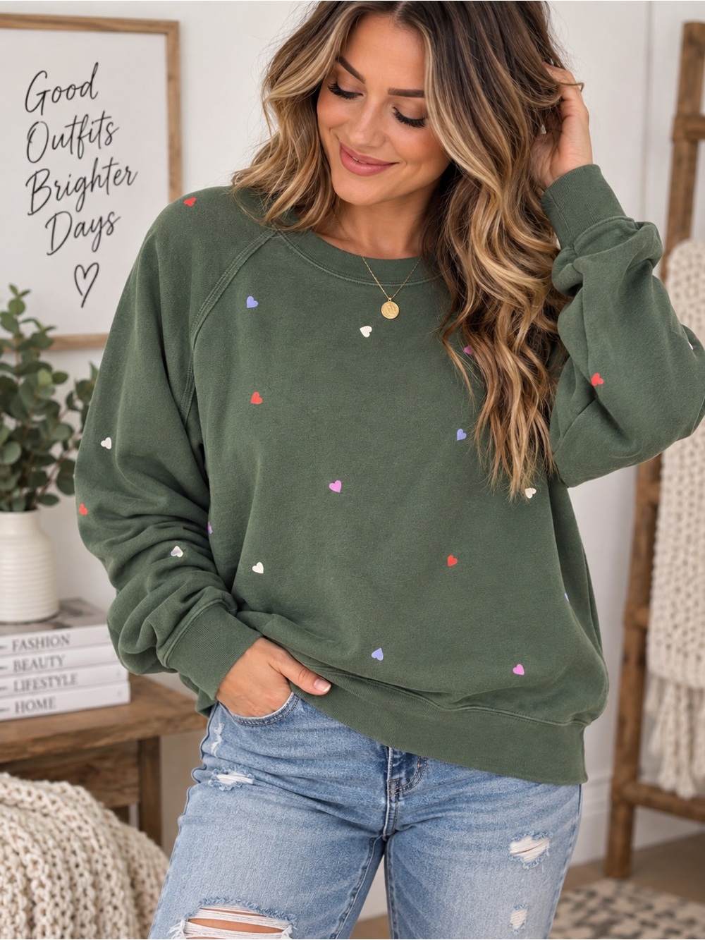 Gap Olive Green Multicolor Heart Print Sweatshirt Cozy Crewneck Pullover